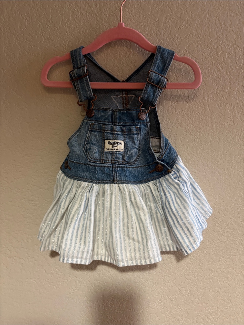 OshKosh B'gosh Denim Overall Dress with Light Blue & White Striped Skirt 6 Month
